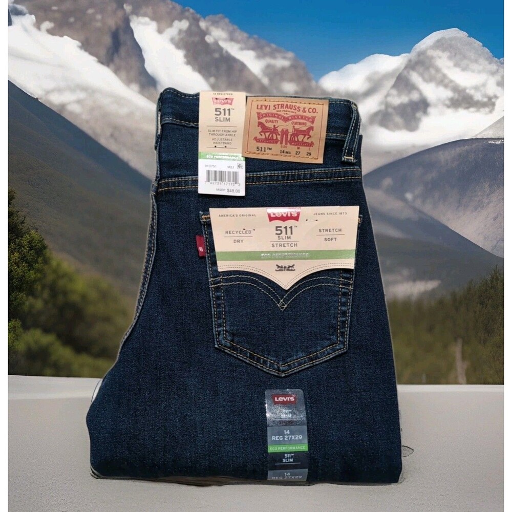 LEVI'S 511 SLIM STRETCH JEANS BOYS DARK WASH SIZE 14 REG 27x29 BLUE DENIM NWT